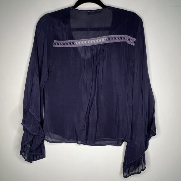 Maven West Blue V-Neck Ruffle Sleeve Shirt Size Small - Picture 3 of 6
